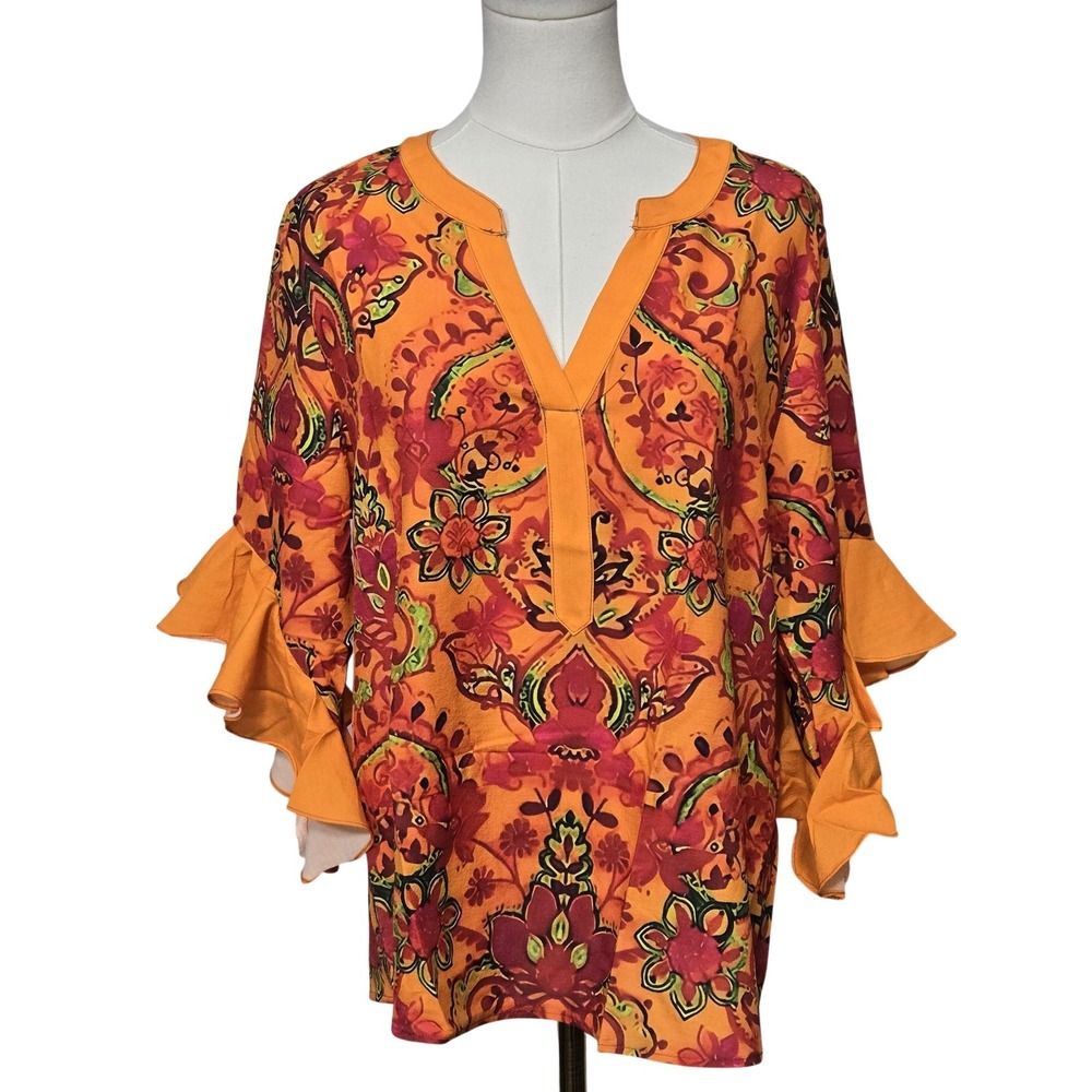 ShallWe Blouse Womens Large‎ Orange Floral Ruffle Bell Sleeve V Neck Tunic NWT